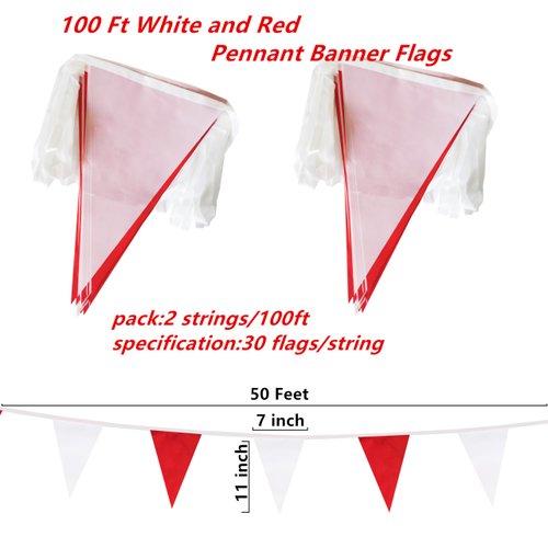 100 Feet Red & White Pennant Banner Flags String Hanging Red & White DIY Triangle Bunting Flags,Party Decorations for Grand Opening,Party Events Celebration,Kids Birthday,60 Pcs