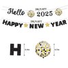 Glitter Hello 2025 Happy New Year Banner Decorations Black New Years Eve Banner Sign Party Supplies 2025 Happy New Year for Happy New Year Decorations Party Supplies 2025 Home Holiday Decorations