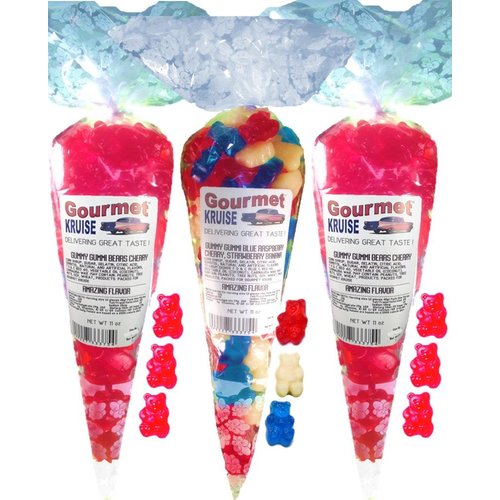 Red Gummy Bears (2) Wild Cherry (1) Blue Raspberry Red Wild Cherry White Strawberry Banana Gummi (NET WT 33 OZ) Gourmet Kruise Signature Gift Bags