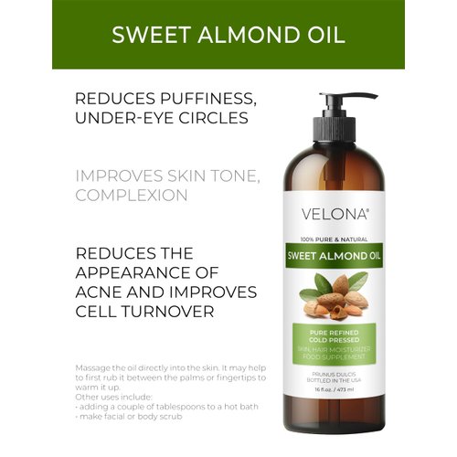 velona Sweet Almond Oil - 16 oz | 100% Pure and Natural Carrier Oil | Refined, Cold Pressed | Skin, Hair, Body & Face Moisturizing | Use Today - Enjoy Results…