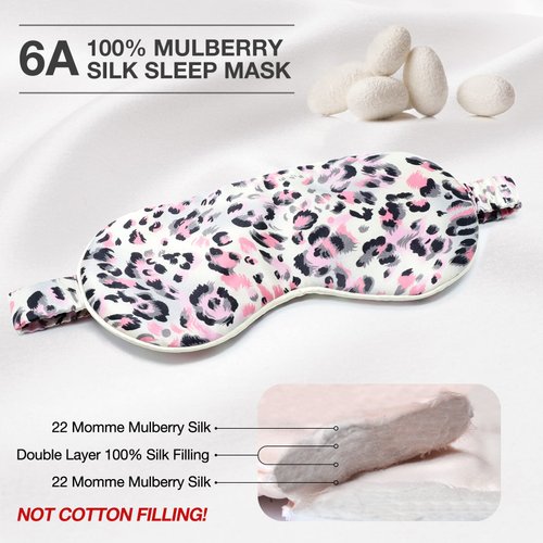 MANSPHIL Mulberry Silk Eye Sleeping Mask, Leopard Pink Print Pattern, 22 Momme 100% Silk Filled Sleep Mask for Travel, Nap - Gift Box