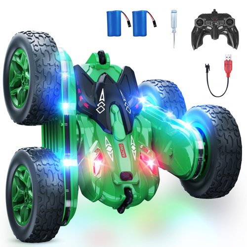 CoziBB Remote Control Car, RC Cars with Strip Lights and Headlight, 2 Hours Long Battery Life, 4WD Double-Sided 360° Flips Rotating Stunt RC Car Toys, Birthday Gift for Boys Girls (Green)