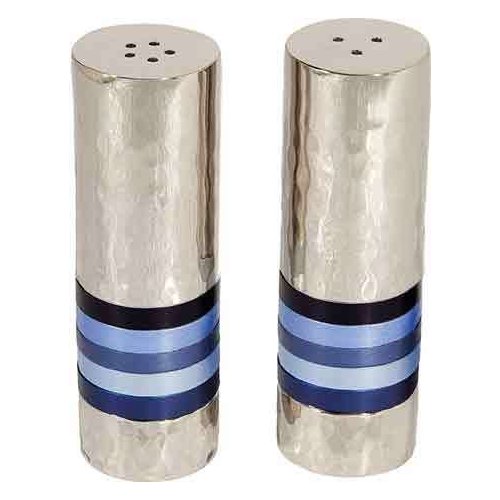 Yair Emanuel Hammered Nickel Salt and Pepper Shaker Set- Shades of Blue Rings (SAB-2)