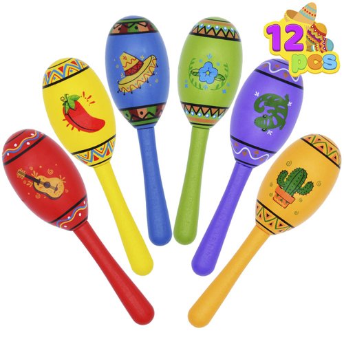 JOYIN 12 Mini Wooden Fiesta Maracas 6 Designs Noisemaker for Mexican Fiesta, Cinco De Mayo Party ...