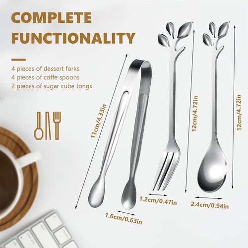 Leaf Coffee Spoons, Mini Serving Tongs and Appetizer Forks Stainless Steel Sugar Cube Tongs Dessert Spoons Metal Dinner Forks for Dessert Coffee Tea (10, Silver)