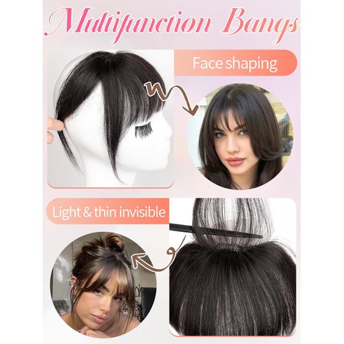 KooKaStyle Bangs Hair Clip in Bangs, 100% Real Human Hair Wispy Bangs Clip in Hair Extensions, 3 Secure Clips in Full Fringe French Bangs Fake Bangs (1B# Black)