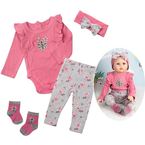 Reborn Baby Doll Clothes Outfit 22 inch Girl Accessories Pink 4pcs Set for 22-24 Inch Reborn Doll Newborn Baby Girl