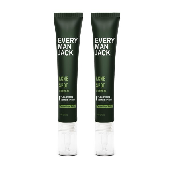 Every Man Jack Acne Spot Treatment - Maximum Strength, Fast Absorbing Skin Clearing Serum - 2% Salicylic Acid, Activated Charcoal, Niacinamide - Target Acne & Blemishes, Reduce Redness - 0.5oz 2 Pack
