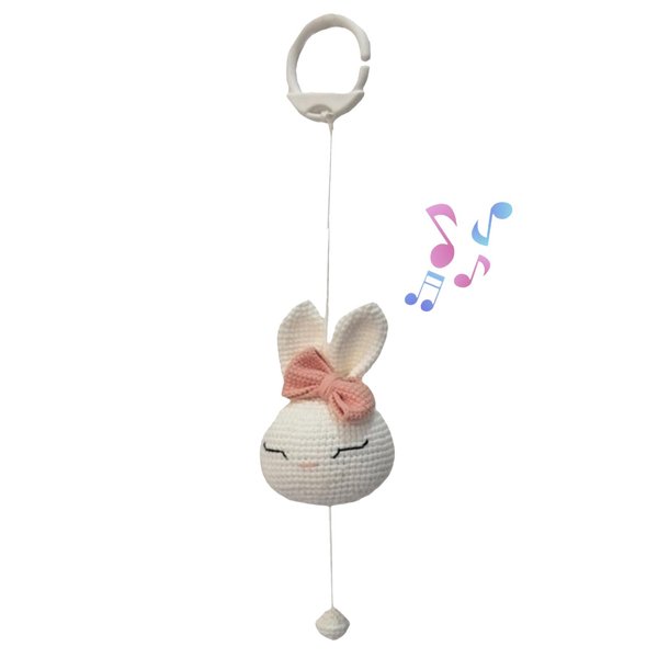 BBYP Crochet Rabbit Animal Head Toy,Baby Hanging Musical Toys, Musical Learning Toddler Toys, Attaches to Crib, Stroller and Car Seat, Soothe Baby Mood and Sleep Toys for Newborn Birthday Gifts