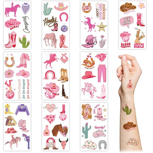 Western Cowgirl Temporary Tattoos,10 Sheets Wild West Pink Disco Cowgirl Cactus Horse Cow Waterproof Fake Tattoo Stickers for Kids Girls Birthday Gifts Party Favor Supplies