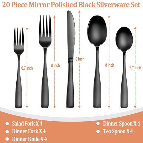 20 Pcs Black Silverware Set, Food-Grade Stainless Steel Flatware Set for 4, Square Cutlery Set, Mirror Polished Tableware Eating Utensils Set for Kitchen, Include Knife Fork Spoon Set,Dishwasher Safe