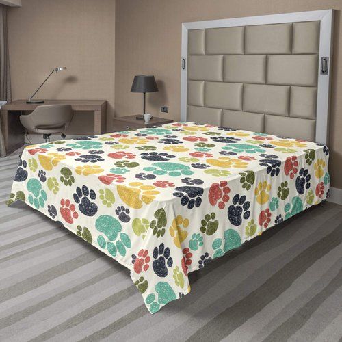 Ambesonne Dog Lover Flat Sheet, Hand Drawn Paw Print Doodles Circular Pattern Drawing Style Animal, Soft Comfortable Top Sheet Decorative Bedding 1 Piece, King Size, Charcoal Beige