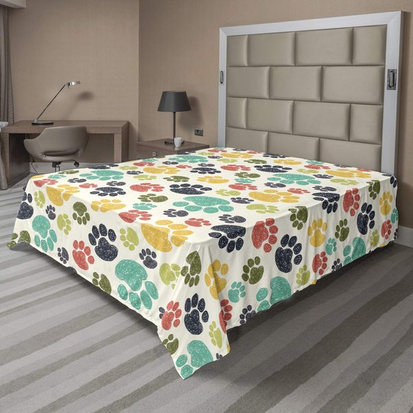Ambesonne Dog Lover Flat Sheet, Hand Drawn Paw Print Doodles Circular Pattern Drawing Style Animal, Soft Comfortable Top Sheet Decorative Bedding 1 Piece, King Size, Charcoal Beige