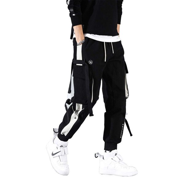 Astellarie Mens Punk Cargo Pants Hip-hop Jogger Patchwork Popular Baggy Teachwear Pants Black