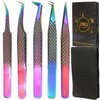 Image Lash Tweezers Set, 5 Pcs Stainless Steel Tweezer Set With Leather Case, Professional Eyelash Tweezers For Extensions With Titanium Coated Tips, Eyelash Extension Tweezers (Multi-Color)