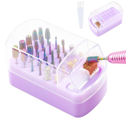 2 in 1 Nail Drill Bits Holder & Nail Drill Bits Cleaning Brush Case 30 Holes (Purple)