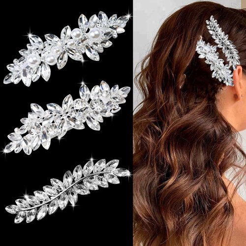3 Pieces Rhinestone Bridal Hair Clips Leaf Wedding Hair Pins Crystal Bobby Pins Silver Hairpin Jewelry Barrette for Brides Bridesmaids Flower Girls