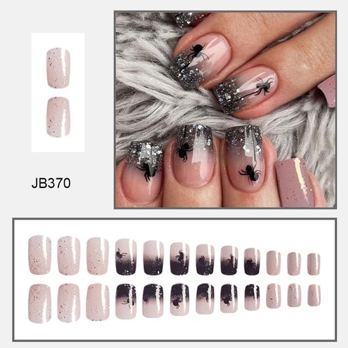 NEWSPIED 24Pcs Halloween Spider Press on Nails Short Square French Tip Fake Nails with Black Glitter Designs Halloween Glue on Nails Full Cover Glossy Artificial False Nails for Women Manicure Decor