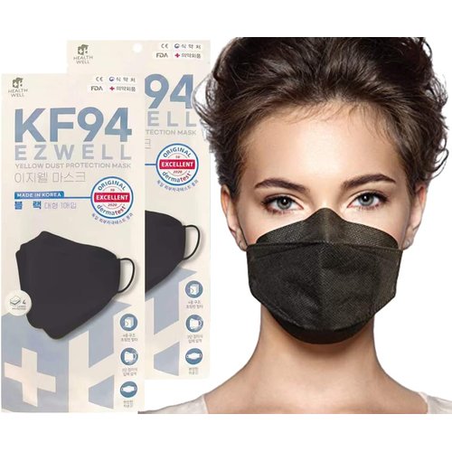20 Pack Individually Wrapped Black EZWELL KF94 Disposable Face Mask Made in Korea,KFDA Approved,Anit-Fog Thick 4-Layer Filter,Ergonomic 5D Fitting,Certified Excellent Skin Tolerance,Use for Generic