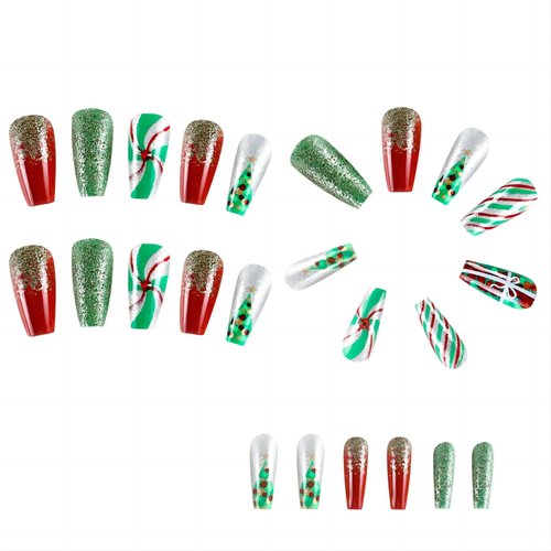 Christmas Press on Nails Medium Coffin Fake Nails Acrylic False Nails with Rhinestones Glitter Design Red Artificial Glue on Nails Green Xmas Tree Stick on Nails for Women 24Pcs