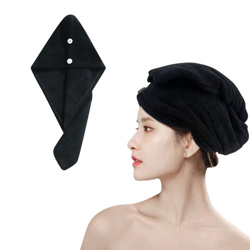 wetore 1 Pack Microfiber Hair Towel,Quick Dry Head Wraps Hair Towel Turban Wrap for Women Kids,25.6x9.8 Inch Super Absorbent Fast Hair Drying Towel with Button for Wet Curly Hair(Black)
