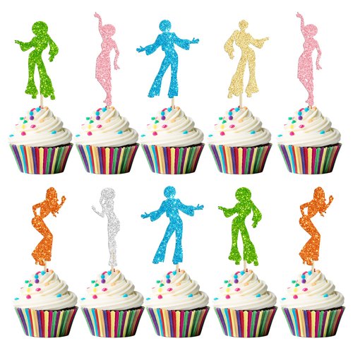 Gyufise 24Pcs 70's Disco Dancing Cupcake Toppers Multi Glitter 70's Disco Cake Decorations Disco Cupcake Picks for Disco Ball Music Theme Party Birthday Party Wedding Party Supplies