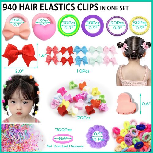 940Pcs+ Baby Girls Hair Elastic Ties Bow Seamless Cotton Hair Bands Colorful Mini Rubber Tie Heart Hair Clips Claws Assorted Ponytail Holders Soft for Thin Hair Braids Kids Toddler Little One