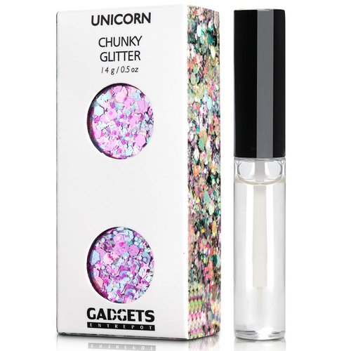 Unicorn Iridescent Holographic Chunky Glitter Cosmetic Body Hair Face Eye Nail for Festival Carnival Concert Party Beauty Rave Accessories Different Shapes 2 Pots 14g/0.5oz+ Quick Dry Primer Glue Gel
