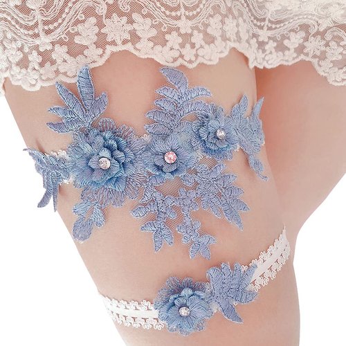 Wedding Garters for Bride Lace Bridal Garter Belt Set with Floral Stretchy Blue Garter