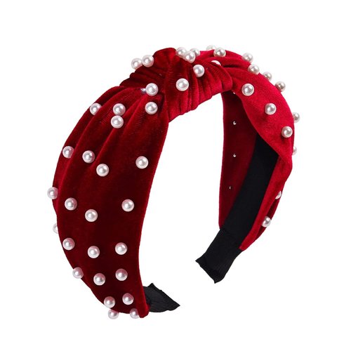Seadiquiet Red Hair Headband Headband Knotted Pearl Gold Accessories Pearl Ve-lvet Ve-lvet Hair C...