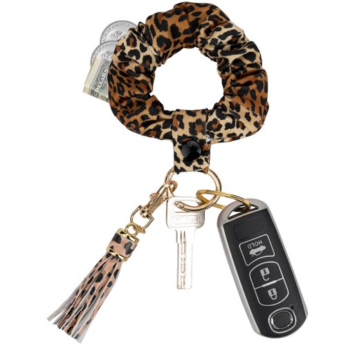 ANHBKAR Scrunchie Keychain Wristlet - Hair Satin Scrunchies for Curly Hair - Key Ring Bracelet Keychain for Women (1, LEOPARD A)
