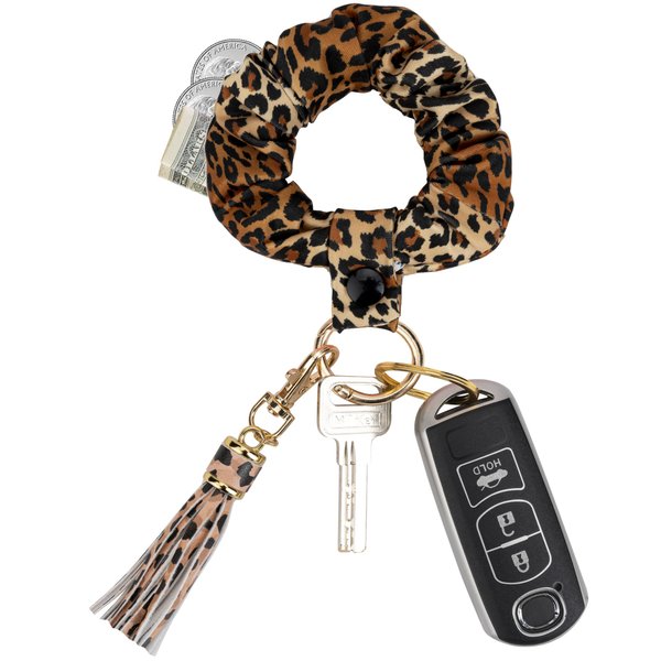 ANHBKAR Scrunchie Keychain Wristlet - Hair Satin Scrunchies for Curly Hair - Key Ring Bracelet Keychain for Women (1, LEOPARD A)