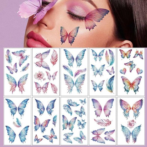 Coridy Glitter Butterfly Temporary Tattoos Colorful Eyes Face Stickers Feather Face Tattoos for Women Make up (Colorful)
