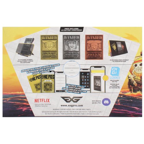 Exquisite Gaming: Digiplate Starter Pack - One Piece: Wanted Posters - 3 Collectible Metal Cards & Phone Stand, Copper-Gold-Silver Plates, Netflix