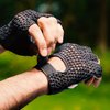 Kango Leather Padded Crochet Back Breathable Fingerless Weight Lifting, Cycling Workout Gloves, Black (Medium)