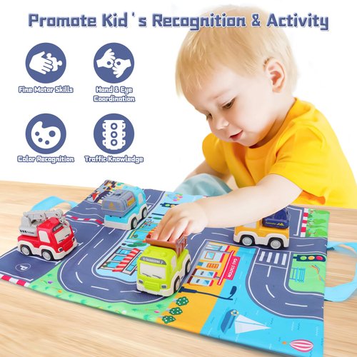 YELUFT Toy Cars for Toddlers, Construction Trucks Toys with Playmat Storage Bag Include Excavator, Crane, Dump Truck, Tankertruck Toys, Pull Back Cars for Kid Boy Baby Birthday