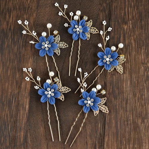 Bridal Hair Combs, 5PCS Wedding Hair Pins Set Crystal Flower Hair Clips Bride Bridesmaid Hair Sides Comb Rhinestone Barrettes, Pearl Flower Hair Pins Hair Accessories for Women Girls (Blue)