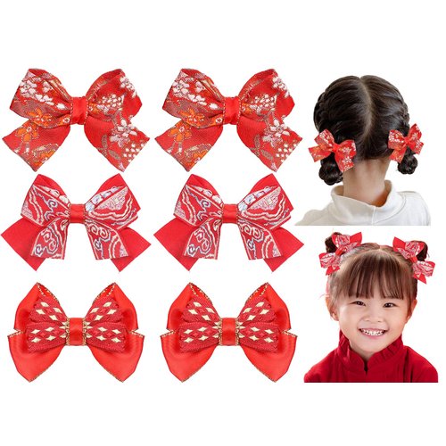 Whaline 3 Pairs New Year Red Hair Bow Barrettes Chinese Style Baby Girls Hair Clips Embroidered Bow Hairgrips Girls Infants Toddlers Hair Pins for Christmas Spring Festival Hair Accessories