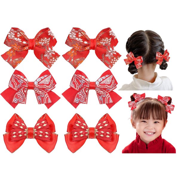 Whaline 3 Pairs New Year Red Hair Bow Barrettes Chinese Style Baby Girls Hair Clips Embroidered Bow Hairgrips Girls Infants Toddlers Hair Pins for Christmas Spring Festival Hair Accessories