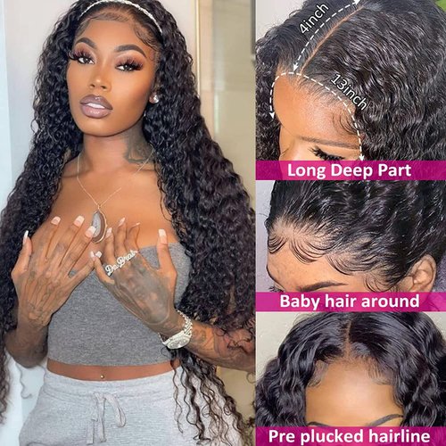 Nuocheng Deep Wave Lace Front Wigs Human Hair 13x4 Curly Wave Lace Frontal Wigs Human Hair For Women 180% Density HD Transparent Glueless Wigs Human Hair Pre Plucked with Baby Hair (22inch)