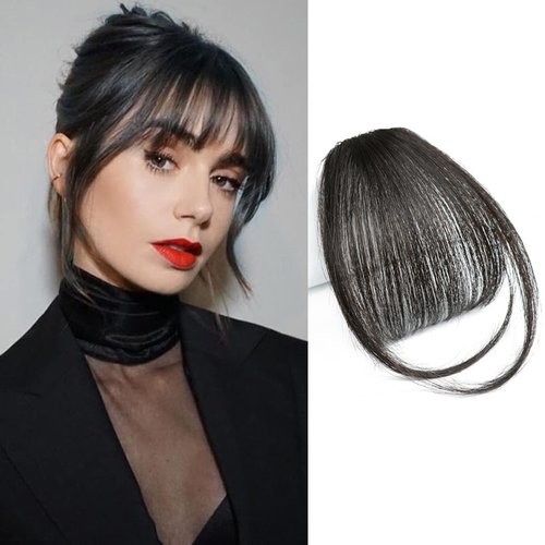 Bangs Hair Clip in Bangs Human Hair for Women Wispy Bangs Fringe with Temples Hairpieces Clip on Air Bangs Flat Neat Bangs Hair Extension for Daily Wear (Natural Black)