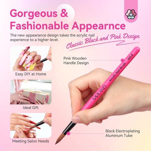 SAVILAND Acrylic Nail Brushes Set: Sizes 8, 10, 14 Nail Brushes for Professional Acrylic Powder Applications, Nails Extension, 3D Carving for Home Salon DIY Nail Art Brush Manicure Acrylic Tools Pink