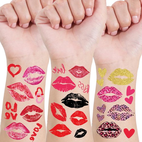 Totelux Valentines Temporary Tattoo Heart Lips Fake Tattoos Waterproof Rose Tattoo Stickers for Women Men Face Body Arm Decoration Valentines Party Favors Supplies Red Pink
