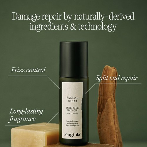 LONGTAKE Sandalwood Intensive Hair Perfume Serum Oil 1.69 Fl Oz, 50MLㅣHeat ProtectionㅣAnti-frizzㅣSplit end repairㅣ Nourishes with jojoba oil, coconut oil, marula oil, rosemary l For all hair types