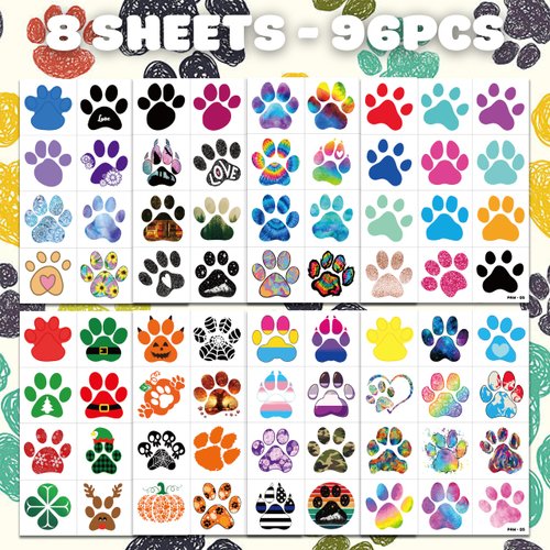 96 PCS Dog Cat Paw Print Puppy Temporary Tattoos Stickers Themed Birthday Party Decorations Supplies Decor Favors Let’s Pawty Pupply Pet Tattoo Sticker Gifts For Kids Boys Girls School Prizes Carnival