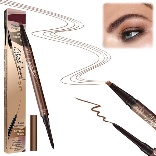 2 in 1 Eyebrow Microblading Pen, 2024 New 3D Microblading Eyebrow Pen Tattoo Pencil 4 Fork Tip, Waterproof Magic Microblading Eyebrow Pencil for Natural Makeup Last All Day (Brown)