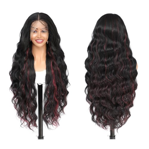 X-TRESS Red Higlight HD Lace Front Wig 32Inch Body Wave Glueless Synthetic Lace Front Wigs for women Preplucked Ready to Wear with Baby Hair Free Part for Daily Party Use(#F1B/BURG)