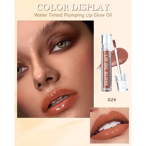Hydrating Lip Tint Stain-1Pcs Tinted Plumping Lip Glow Oil, Moisturizing Water Lip Stain Makeup, Pigmented Non-Sticky Vegan Lip Gloss, Multi-Use Lip & Cheek Tint, Nude Glossy Finish, Cruelty Free-02#