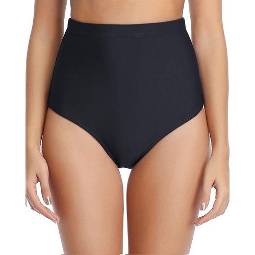 Tempt Me Women Black High Waisted Bikini Bottoms Retro Tummy Control Swimsuit Bottoms L