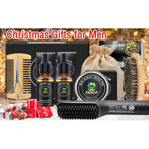 Beard Straightener w/Beard Balm & Beard Growth Oil & Beard Guide E-Book,Upgraded 3 in 1 Hair Straightener Brush Beard Straightening Comb,Unique Stocking Stuffers Gifts for Men Women Him